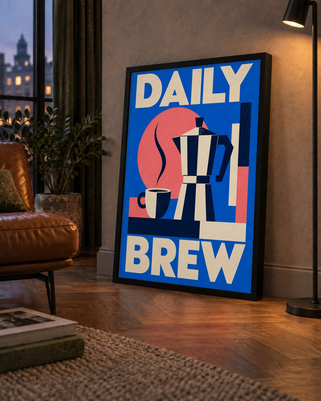 Daily Brew Poster: Retro Geometrik Kahve Makinesi İllüstrasyonu — çerçeveli hâliyle bir ev duvarında