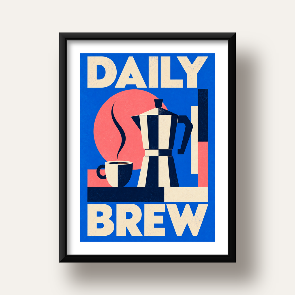Daily Brew Poster: Retro Geometrik Kahve Makinesi İllüstrasyonu — siyah derin çerçeveli paspartulu