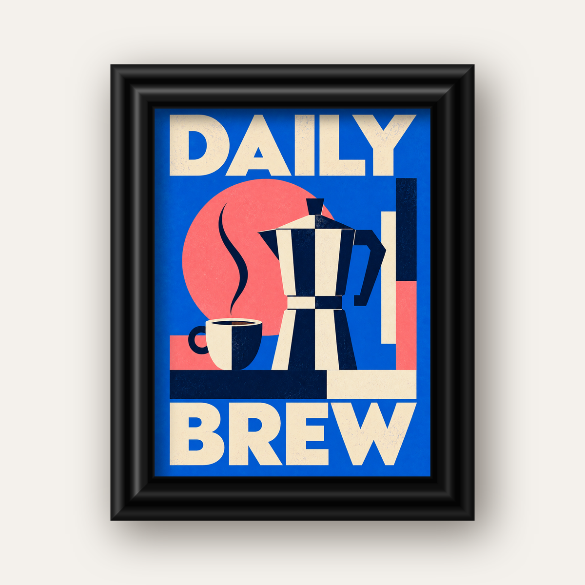 Daily Brew Poster: Retro Geometrik Kahve Makinesi İllüstrasyonu — siyah galeri çerçeveli