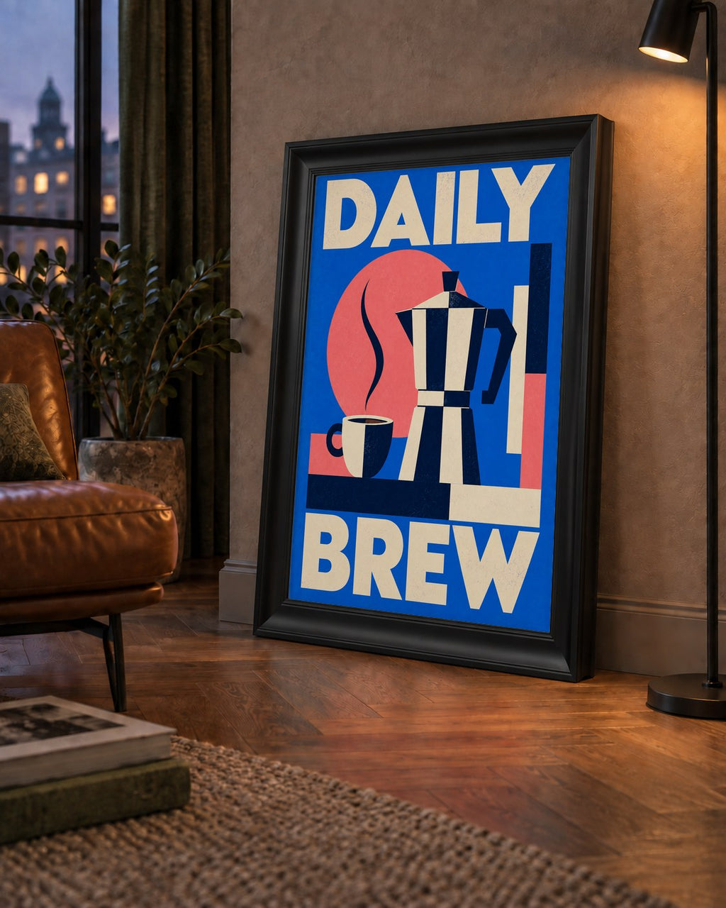 Daily Brew Poster: Retro Geometrik Kahve Makinesi İllüstrasyonu — çerçeveli hâliyle bir ev duvarında