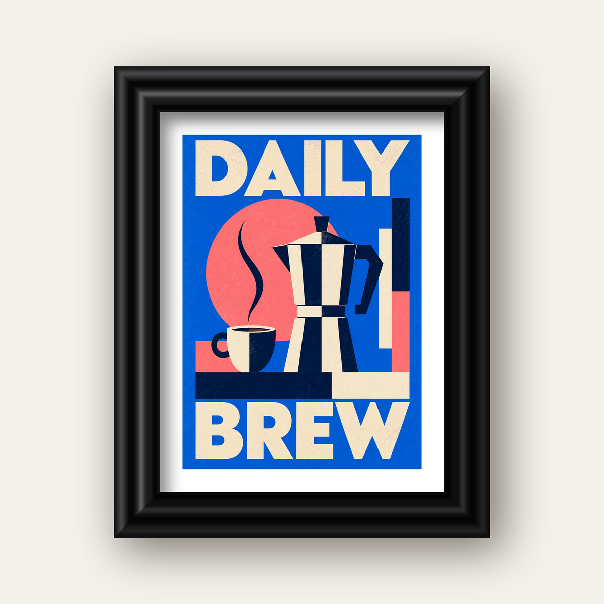 Daily Brew Poster: Retro Geometrik Kahve Makinesi İllüstrasyonu — siyah galeri çerçeveli paspartulu