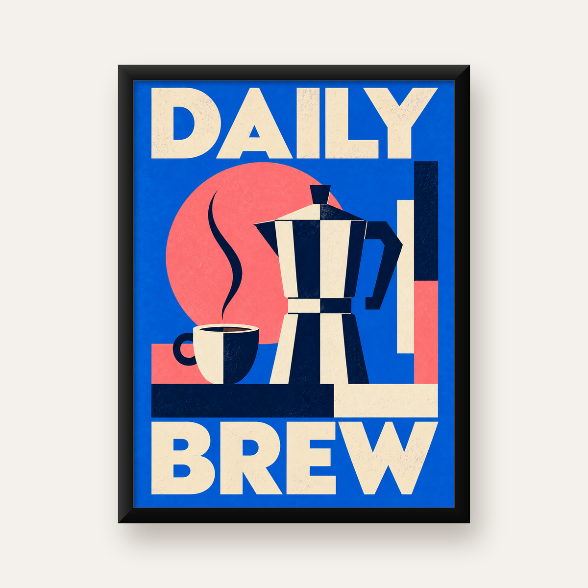 Daily Brew Poster: Retro Geometrik Kahve Makinesi İllüstrasyonu — Dikey baskı, düz siyah çerçeveli duvar posteri