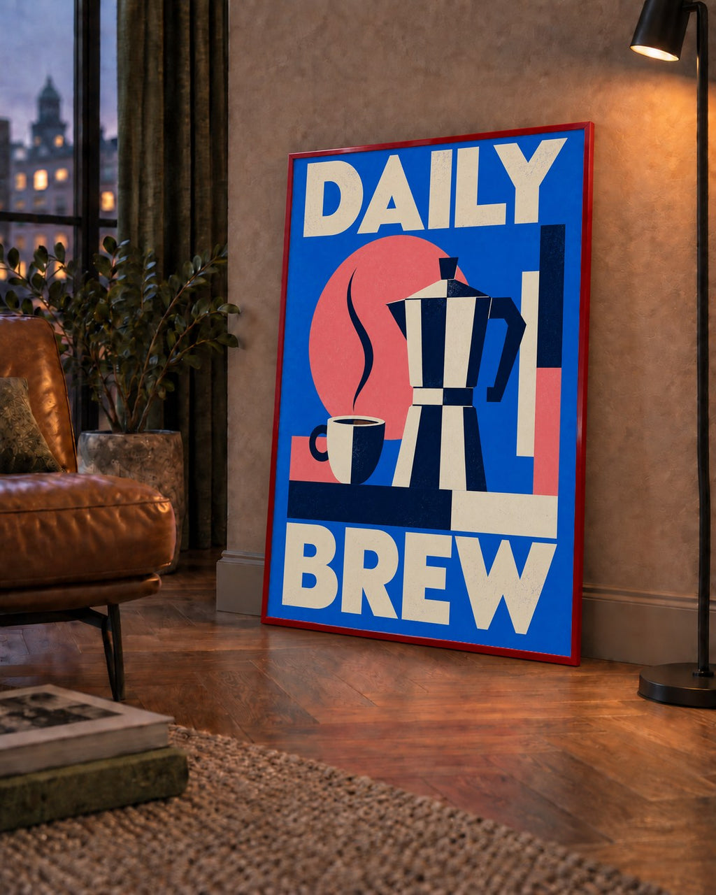 Daily Brew Poster: Retro Geometrik Kahve Makinesi İllüstrasyonu — çerçeveli hâliyle bir ev duvarında