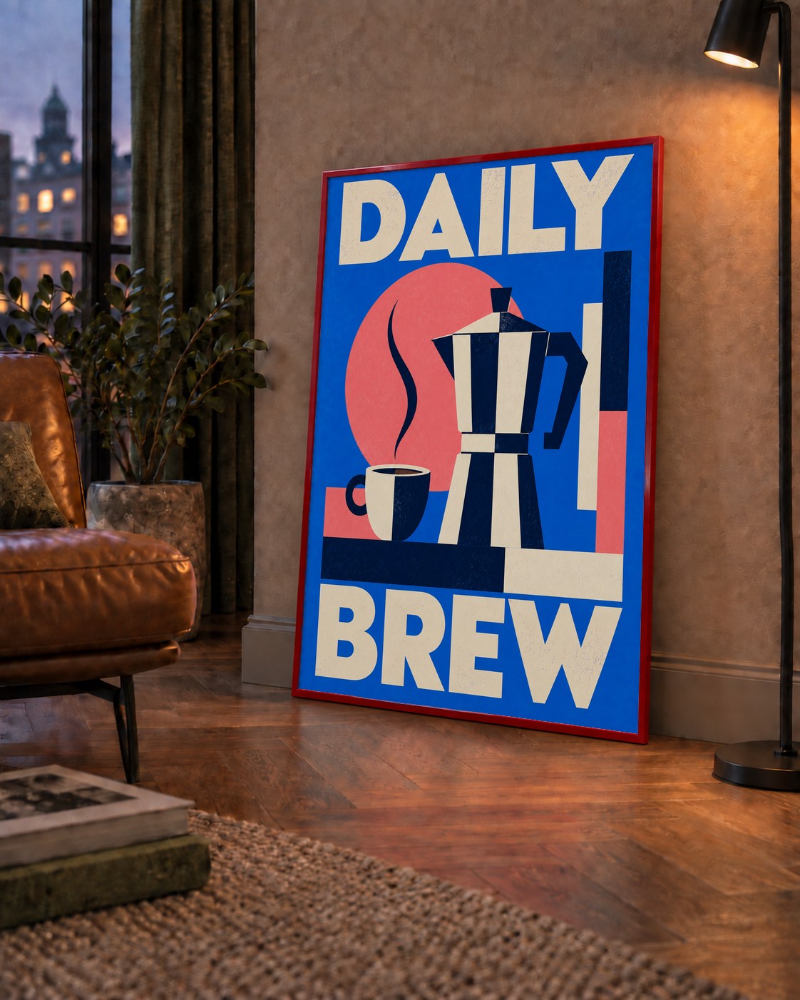 Daily Brew Poster: Retro Geometrik Kahve Makinesi İllüstrasyonu — çerçeveli hâliyle bir ev duvarında