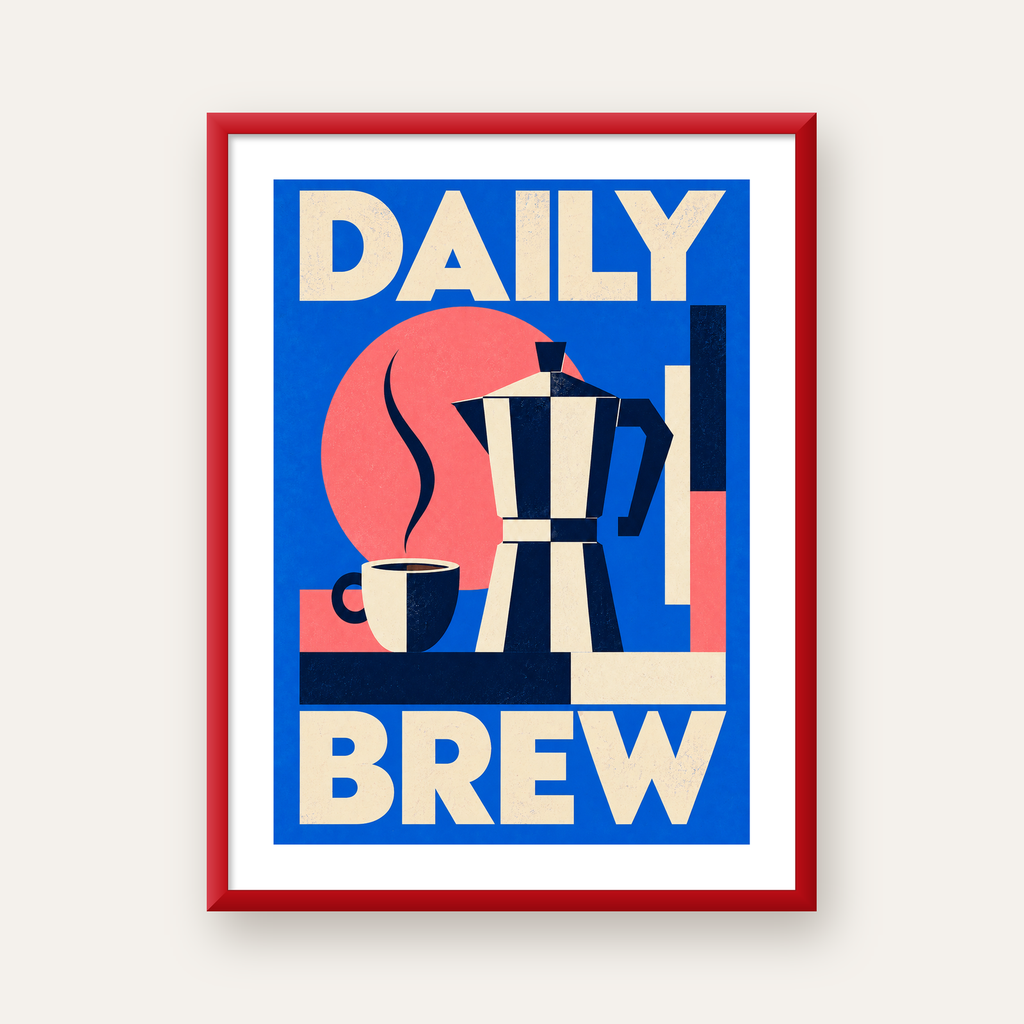 Daily Brew Poster: Retro Geometrik Kahve Makinesi İllüstrasyonu — kırmızı çerçeveli paspartulu