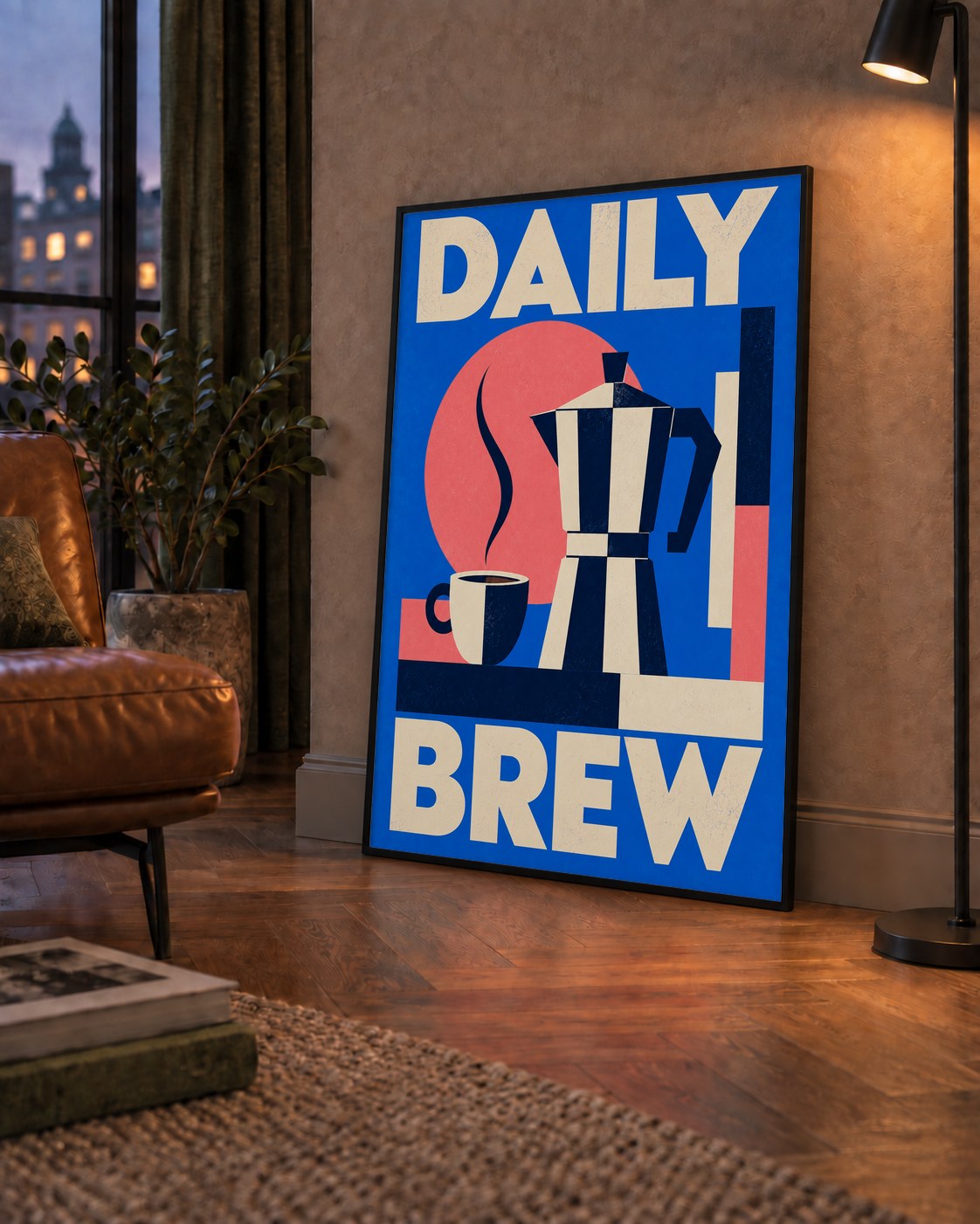 Daily Brew Poster: Retro Geometrik Kahve Makinesi İllüstrasyonu — çerçeveli hâliyle bir ev duvarında
