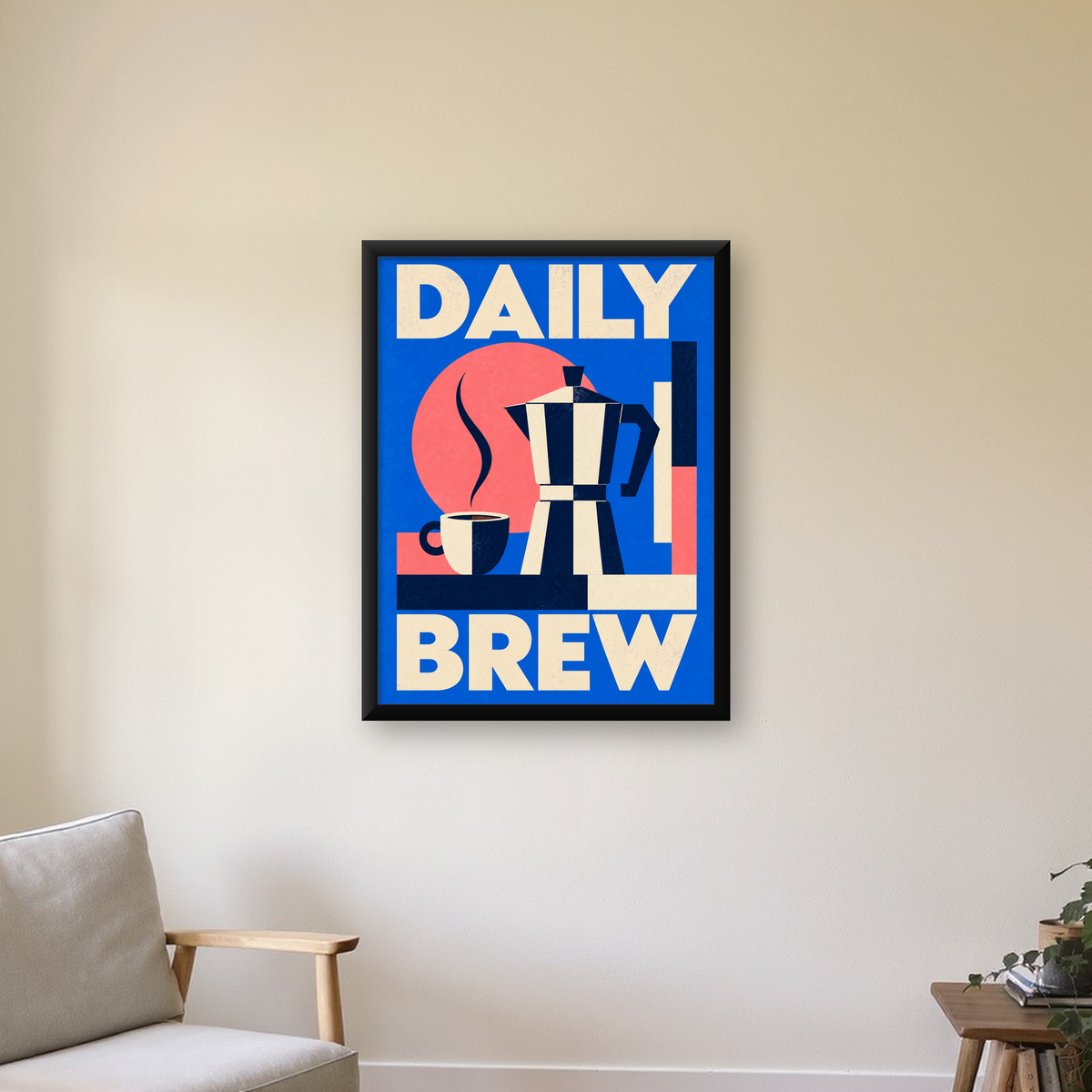 Daily Brew Poster: Retro Geometrik Kahve Makinesi İllüstrasyonu — Dikey baskı, çerçeveli hâliyle bir ev duvarında