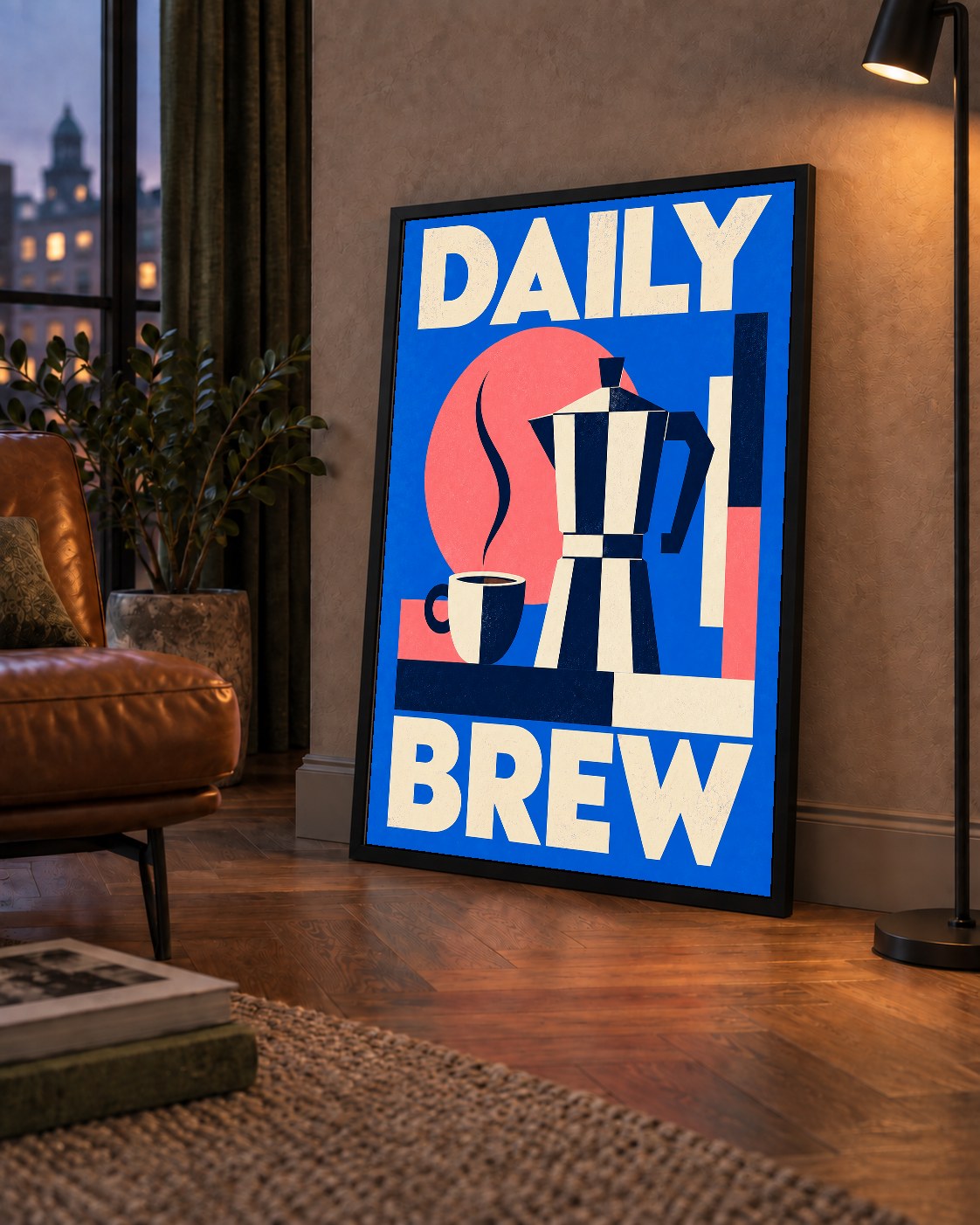 Daily Brew Poster: Retro Geometrik Kahve Makinesi İllüstrasyonu