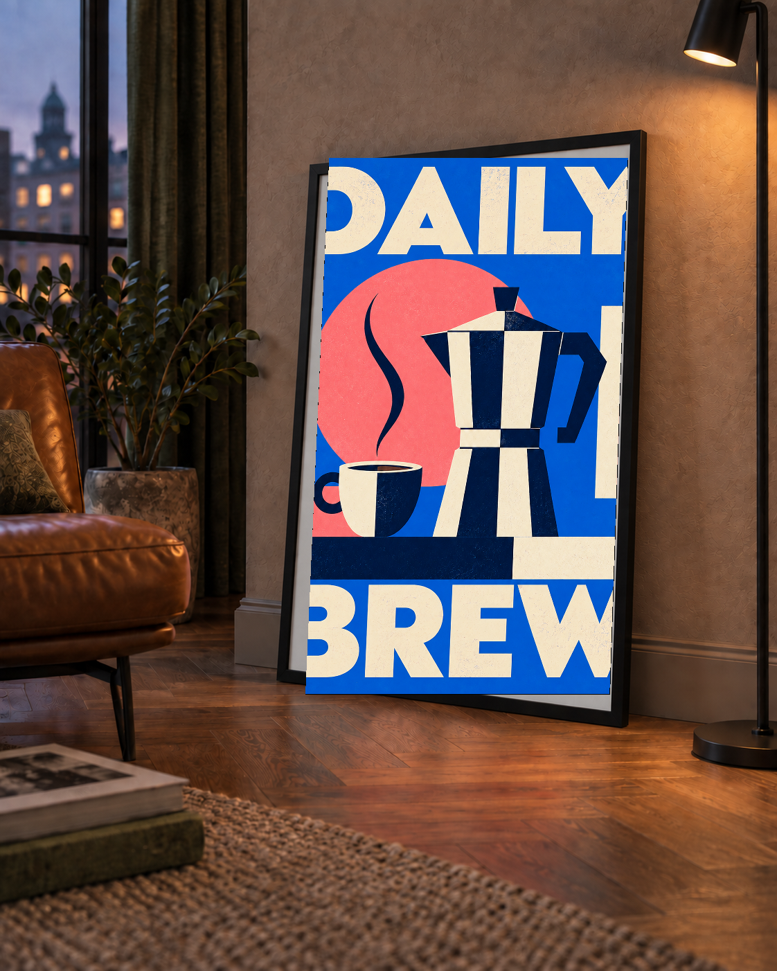 Daily Brew Poster: Retro Geometrik Kahve Makinesi İllüstrasyonu