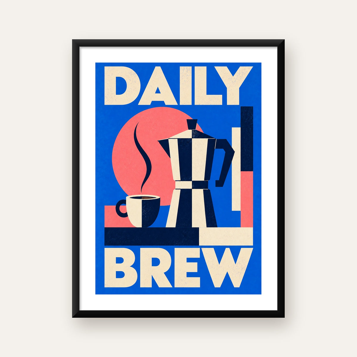 Daily Brew Poster: Retro Geometrik Kahve Makinesi İllüstrasyonu — Dikey baskı, beyaz paspartulu
