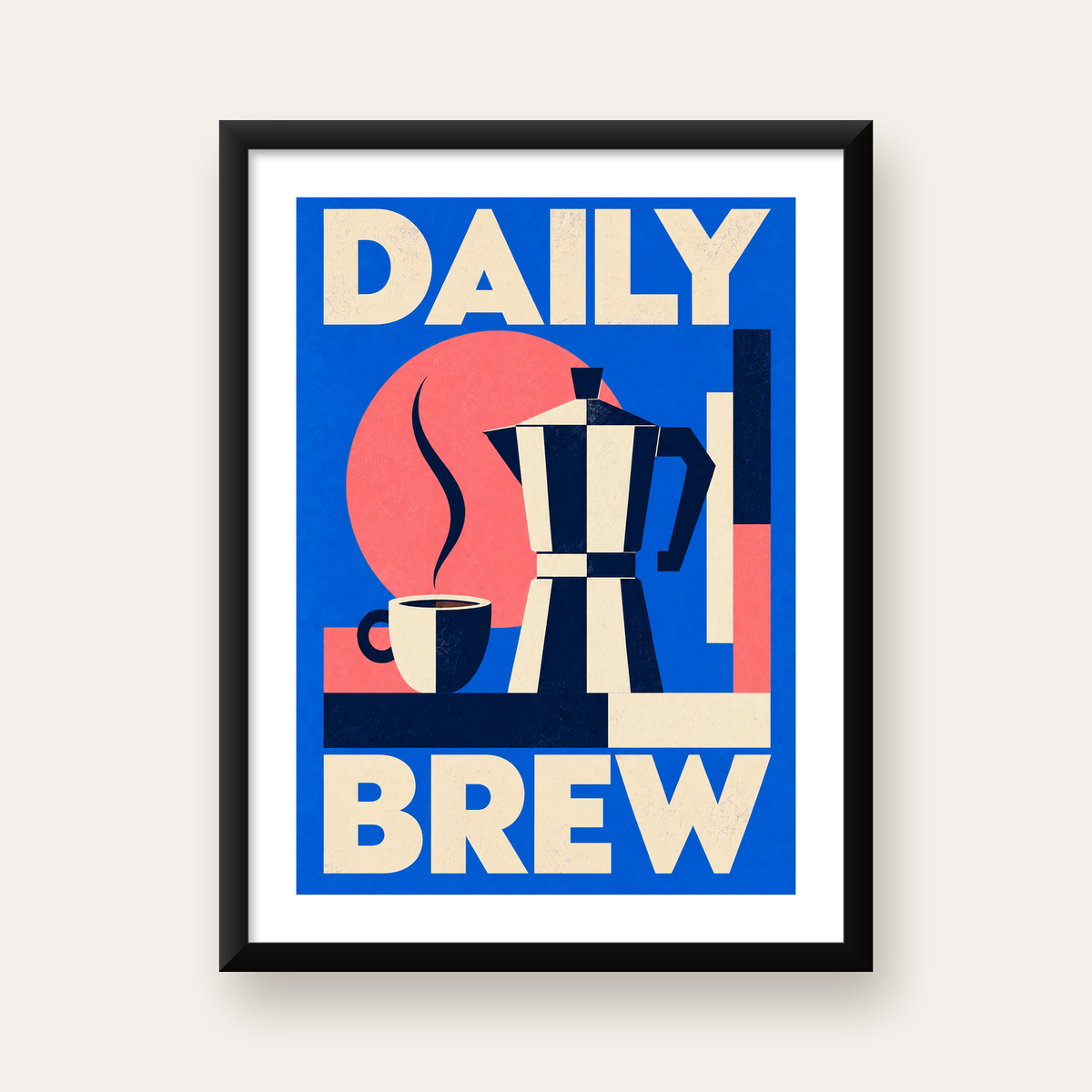 Daily Brew Poster: Retro Geometrik Kahve Makinesi İllüstrasyonu — Dikey baskı, beyaz paspartulu