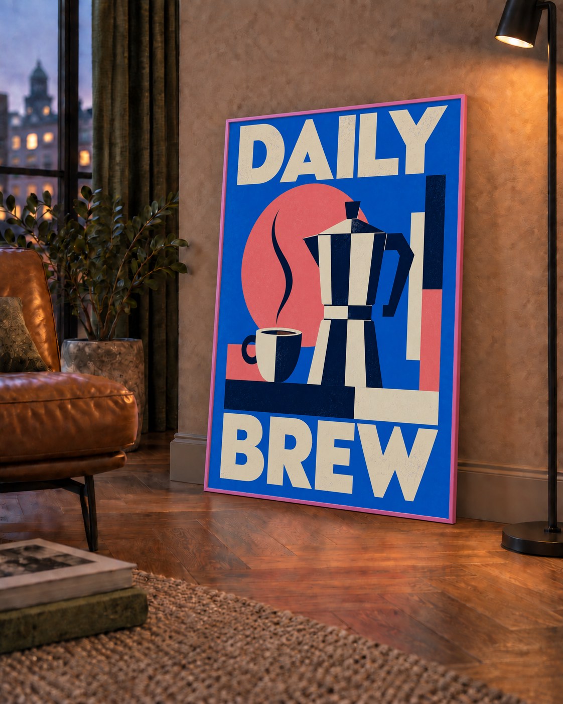 Daily Brew Poster: Retro Geometrik Kahve Makinesi İllüstrasyonu — çerçeveli hâliyle bir ev duvarında