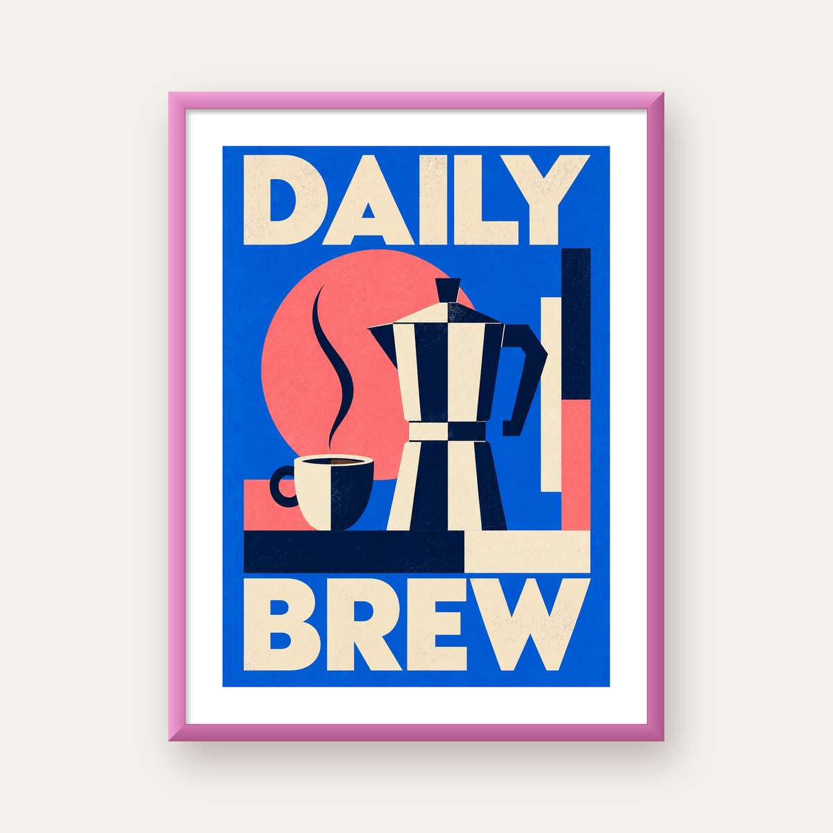 Daily Brew Poster: Retro Geometrik Kahve Makinesi İllüstrasyonu — pembe çerçeveli paspartulu