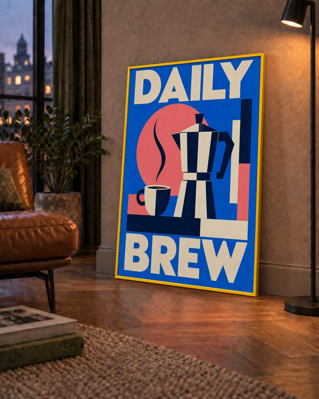 Daily Brew Poster: Retro Geometrik Kahve Makinesi İllüstrasyonu — çerçeveli hâliyle bir ev duvarında