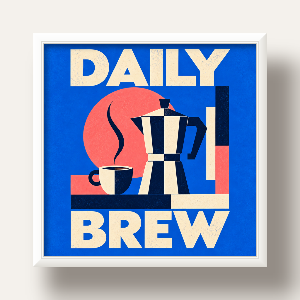 Daily Brew Poster: Retro Geometrik Kahve Makinesi İllüstrasyonu — beyaz derin çerçeveli