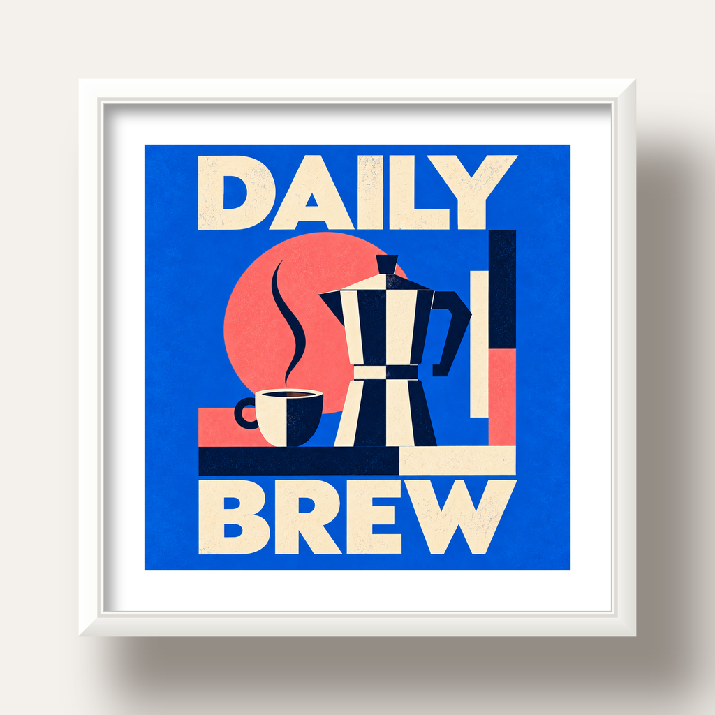 Daily Brew Poster: Retro Geometrik Kahve Makinesi İllüstrasyonu — beyaz derin çerçeveli paspartulu
