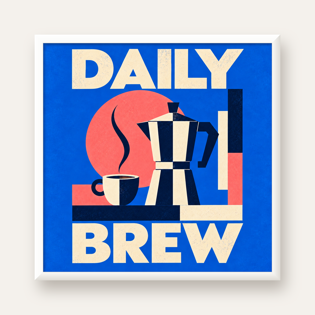 Daily Brew Poster: Retro Geometrik Kahve Makinesi İllüstrasyonu — beyaz çerçeveli kare poster