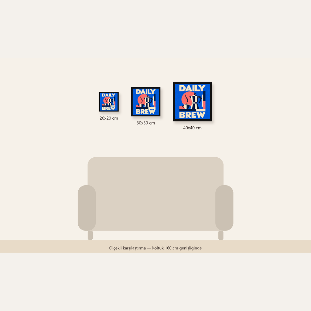 Daily Brew Poster: Retro Geometrik Kahve Makinesi İllüstrasyonu — Kare ölçülerinin karşılaştırması