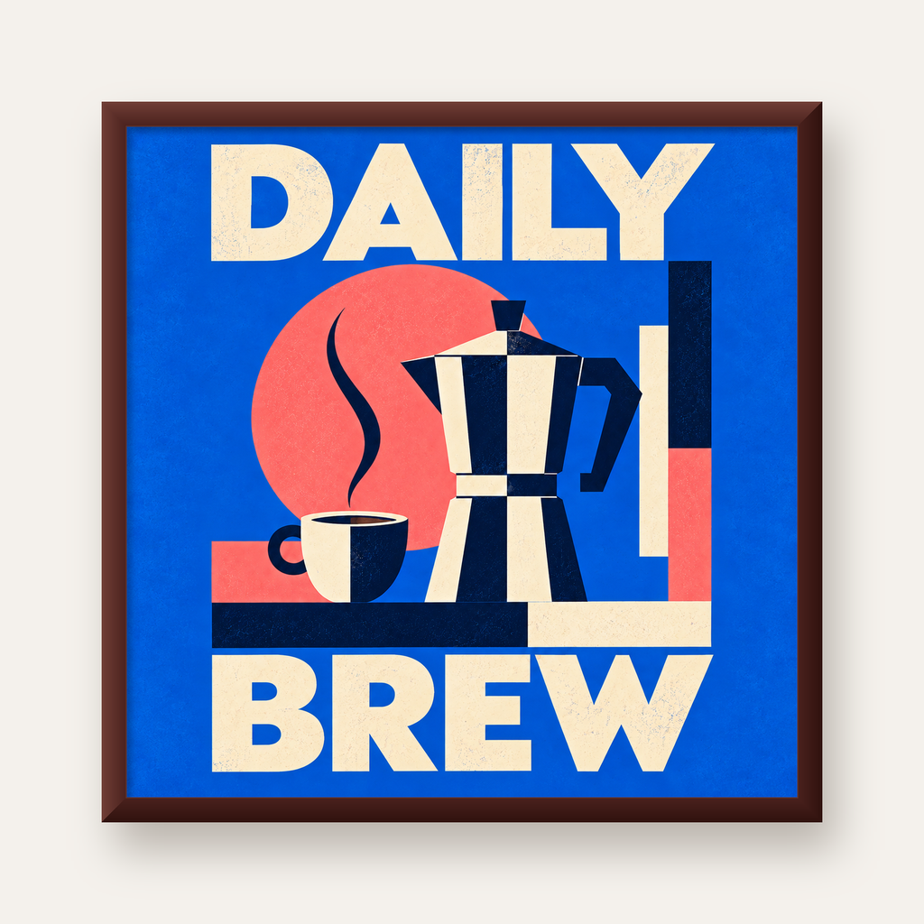 Daily Brew Poster: Retro Geometrik Kahve Makinesi İllüstrasyonu — ceviz çerçeveli