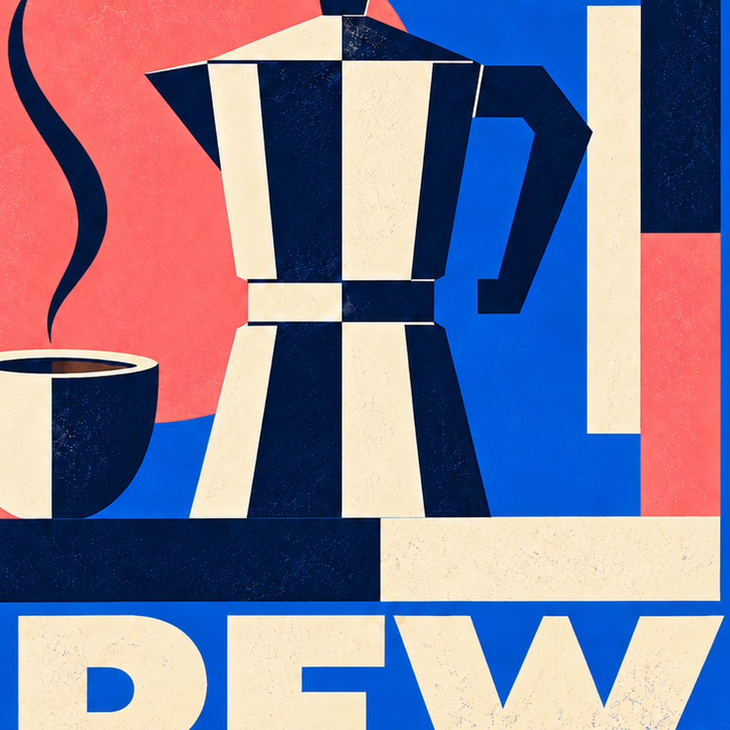 Daily Brew Poster: Retro Geometrik Kahve Makinesi İllüstrasyonu — baskının yakın çekimi, kâğıt dokusu ve renk detayı