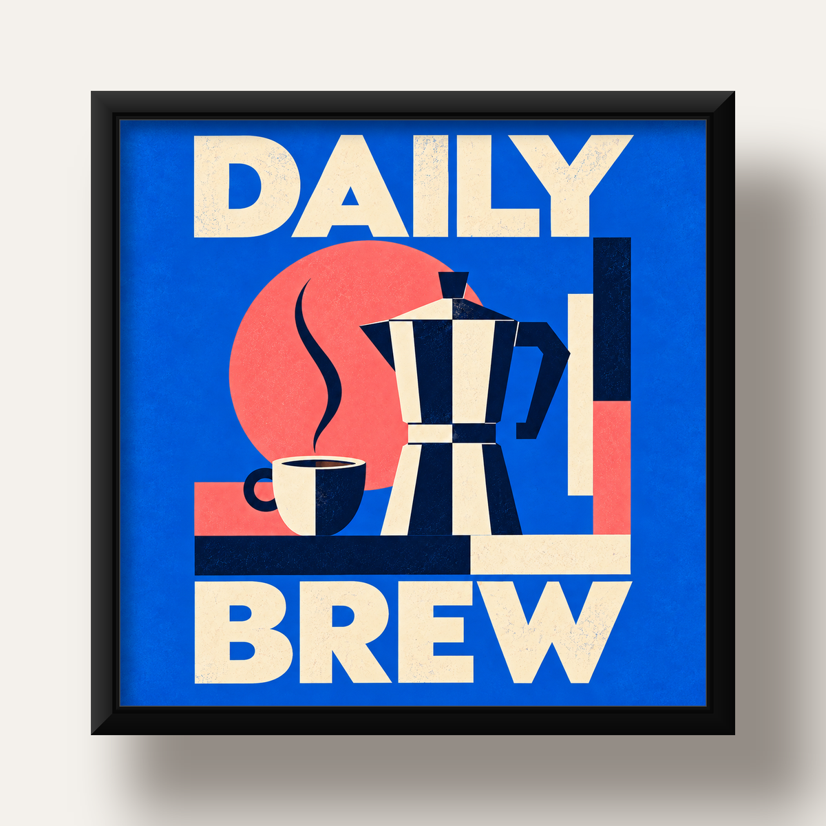 Daily Brew Poster: Retro Geometrik Kahve Makinesi İllüstrasyonu — siyah derin çerçeveli