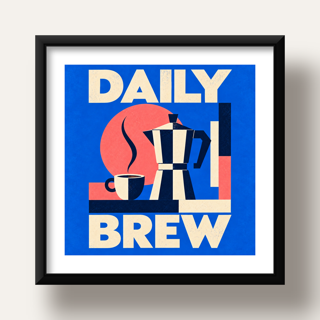 Daily Brew Poster: Retro Geometrik Kahve Makinesi İllüstrasyonu — siyah derin çerçeveli paspartulu