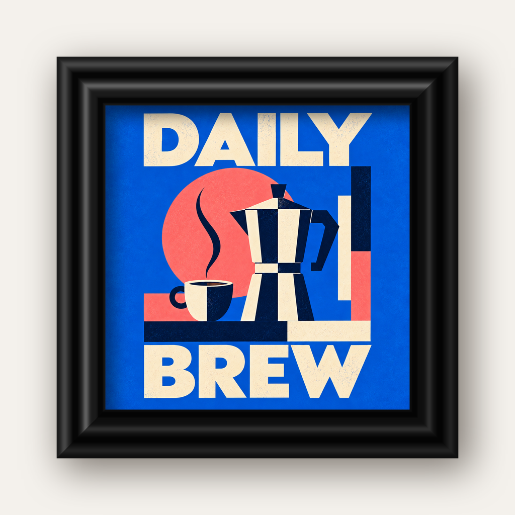 Daily Brew Poster: Retro Geometrik Kahve Makinesi İllüstrasyonu — siyah galeri çerçeveli