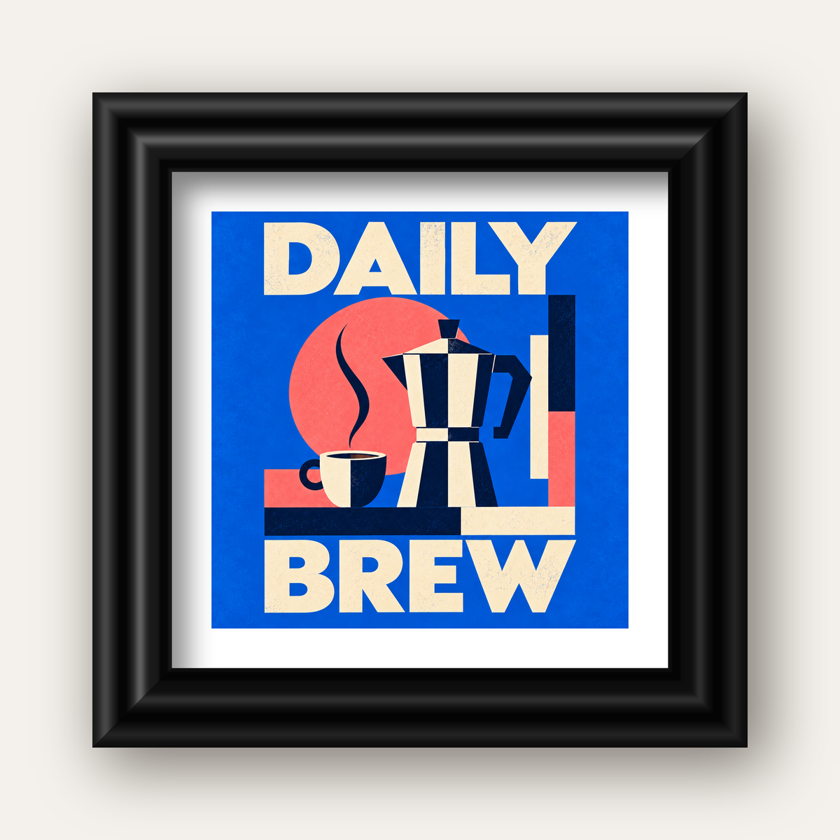 Daily Brew Poster: Retro Geometrik Kahve Makinesi İllüstrasyonu — siyah galeri çerçeveli paspartulu