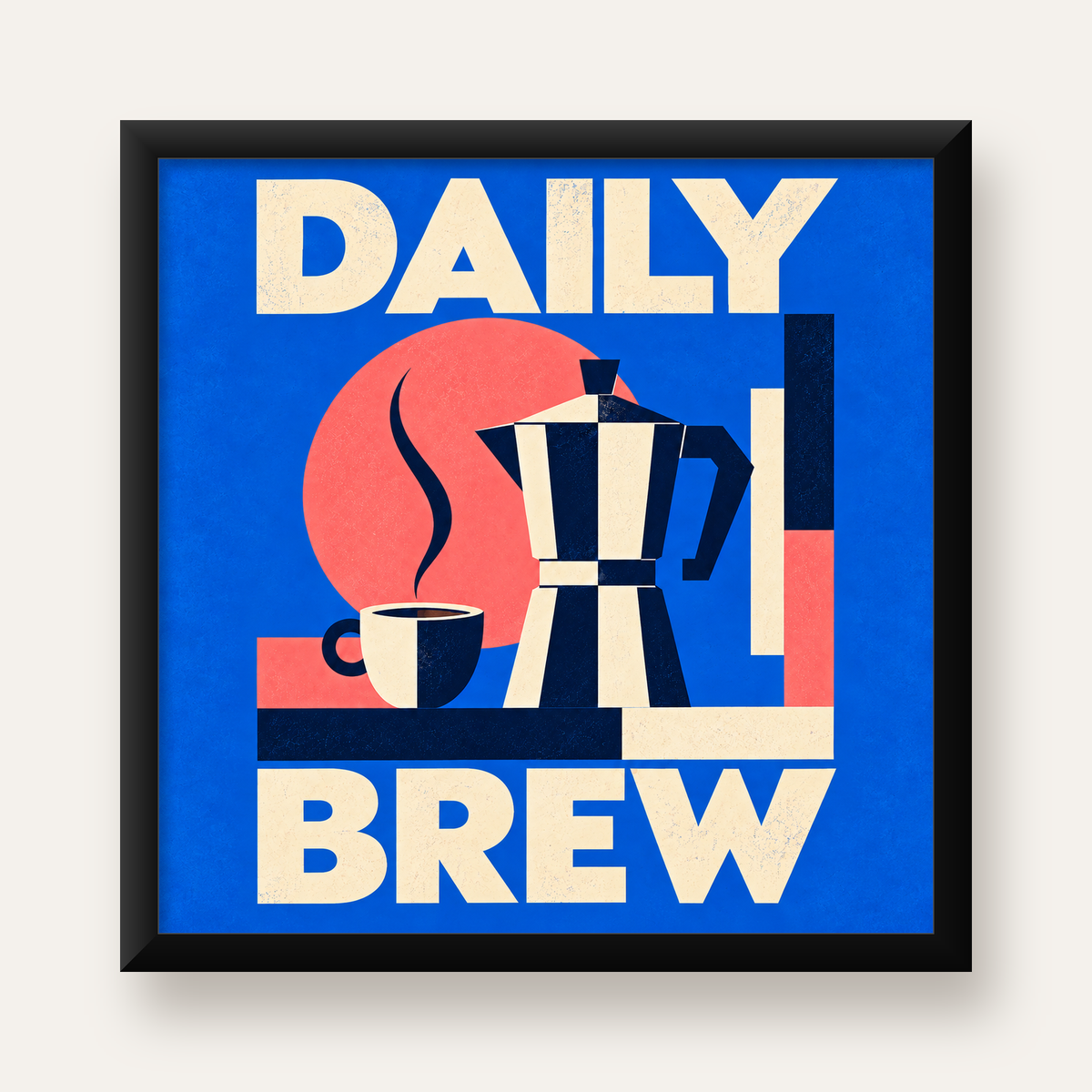 Daily Brew Poster: Retro Geometrik Kahve Makinesi İllüstrasyonu — Kare baskı, düz siyah çerçeveli duvar posteri
