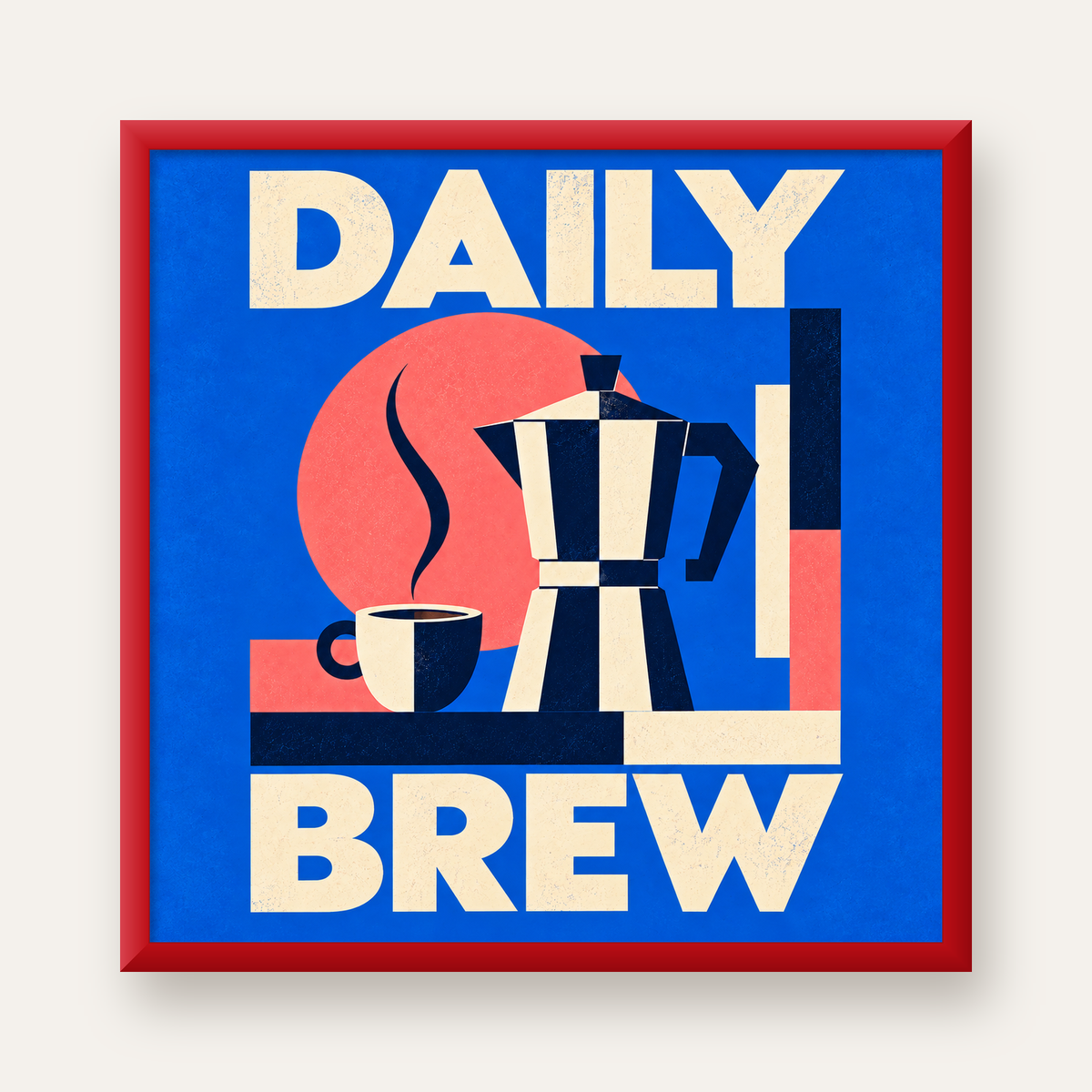 Daily Brew Poster: Retro Geometrik Kahve Makinesi İllüstrasyonu — kırmızı çerçeveli