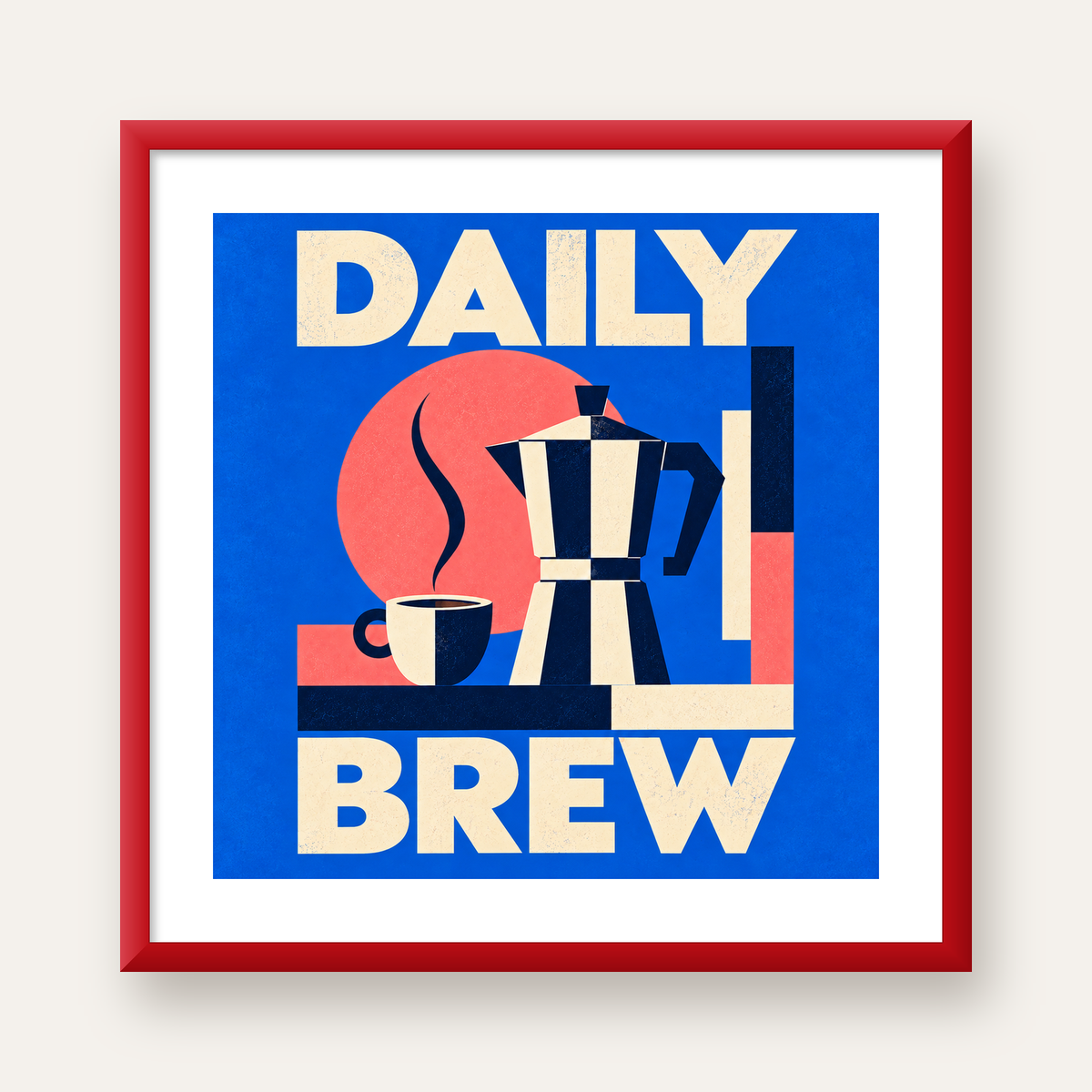 Daily Brew Poster: Retro Geometrik Kahve Makinesi İllüstrasyonu — kırmızı çerçeveli paspartulu