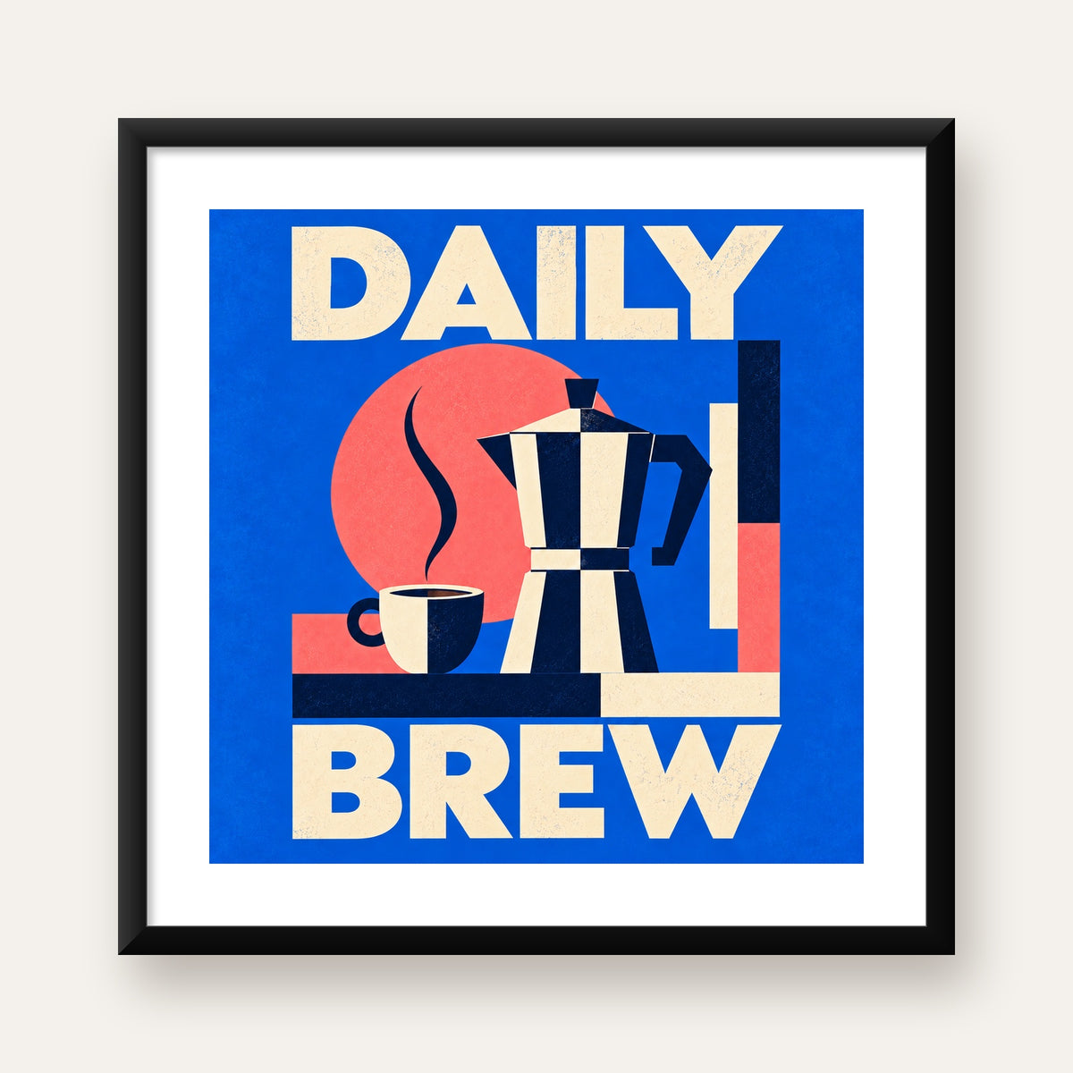 Daily Brew Poster: Retro Geometrik Kahve Makinesi İllüstrasyonu — Kare baskı, beyaz paspartulu