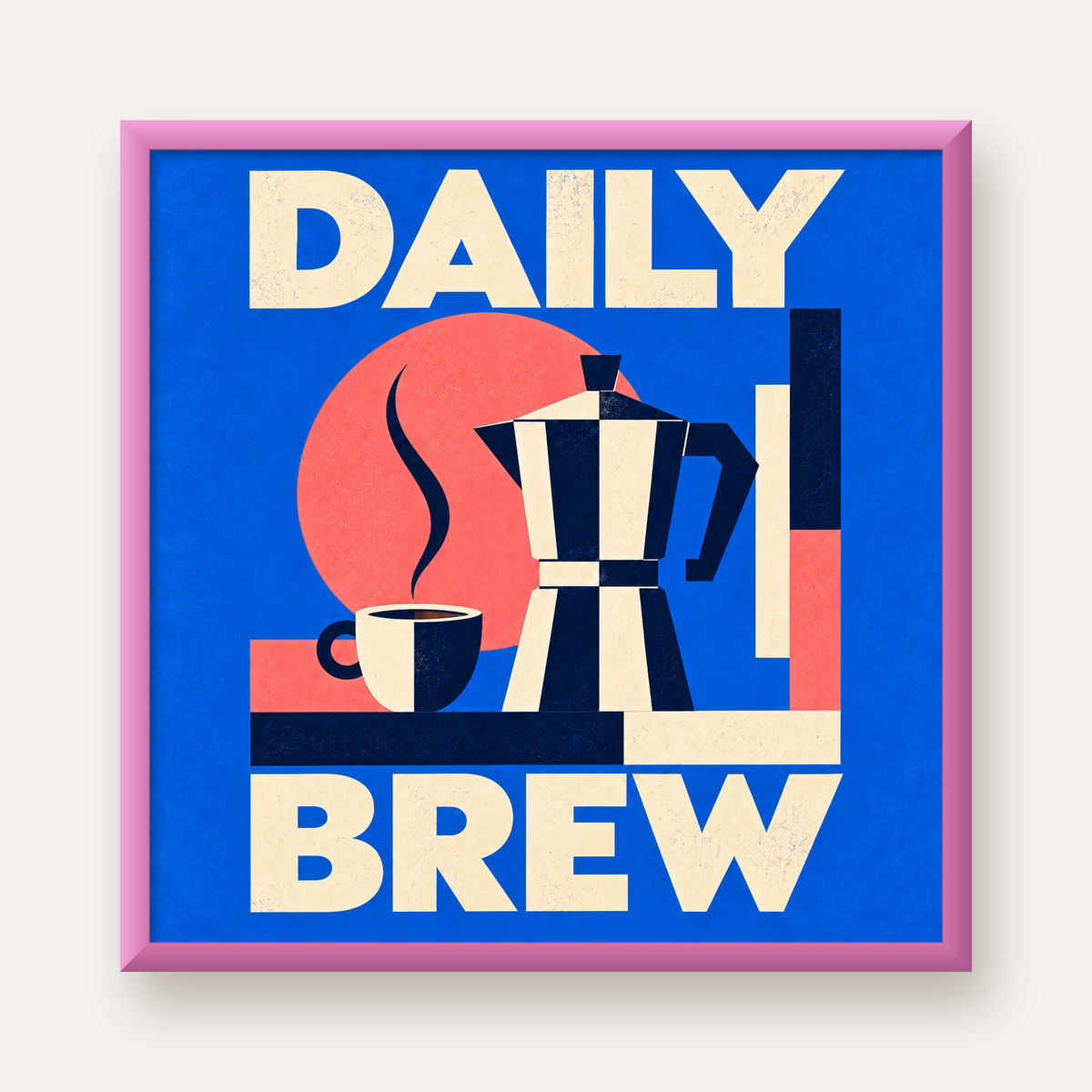 Daily Brew Poster: Retro Geometrik Kahve Makinesi İllüstrasyonu — pembe çerçeveli