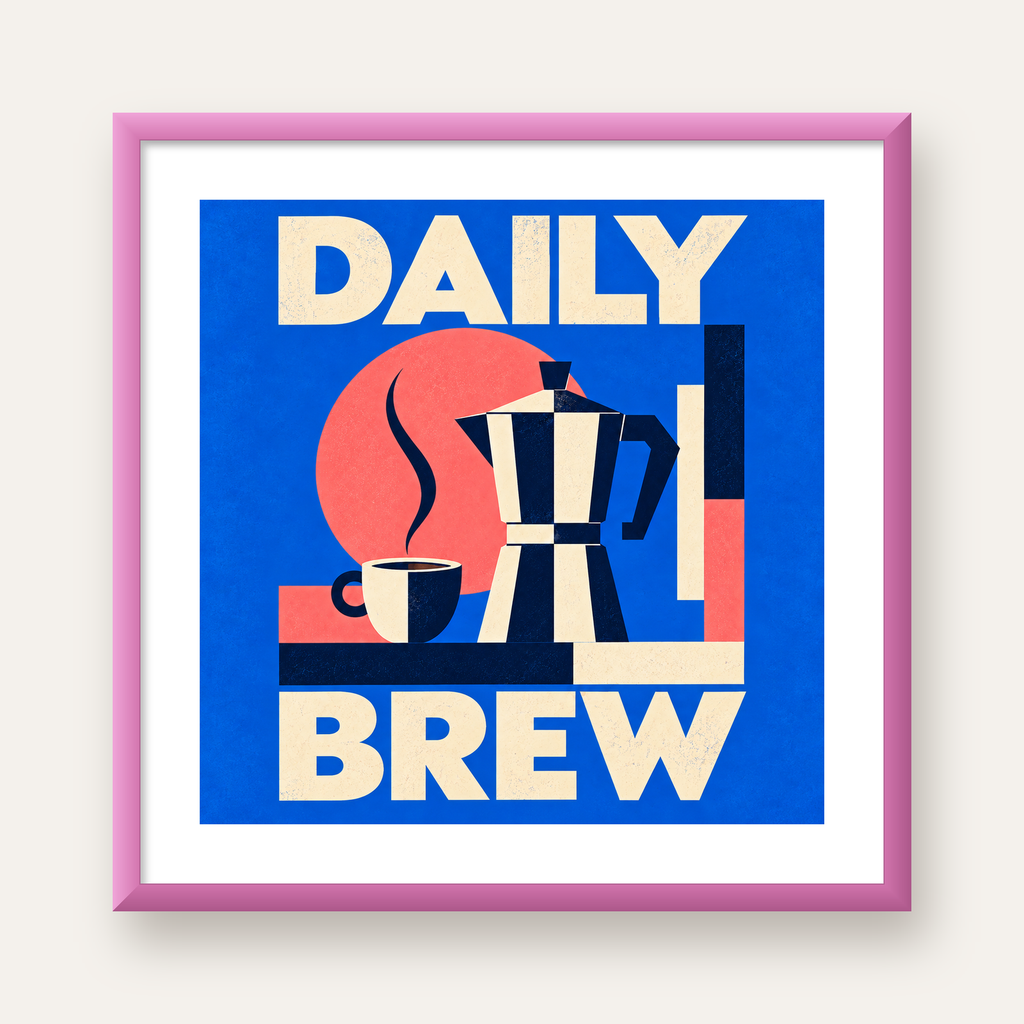 Daily Brew Poster: Retro Geometrik Kahve Makinesi İllüstrasyonu — pembe çerçeveli paspartulu