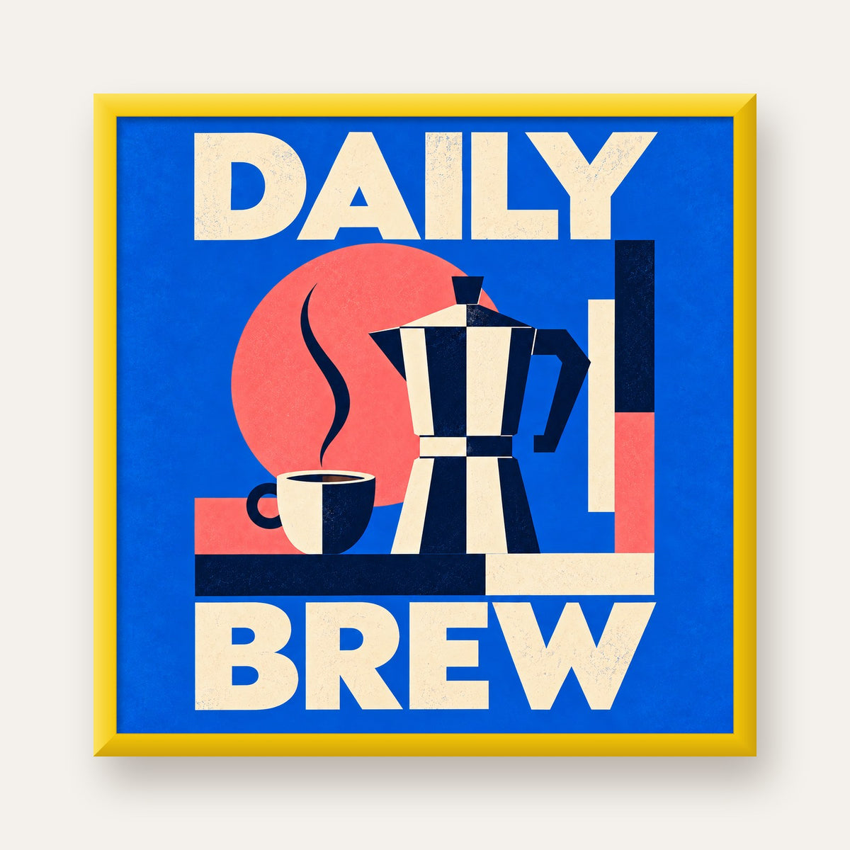 Daily Brew Poster: Retro Geometrik Kahve Makinesi İllüstrasyonu — sarı çerçeveli