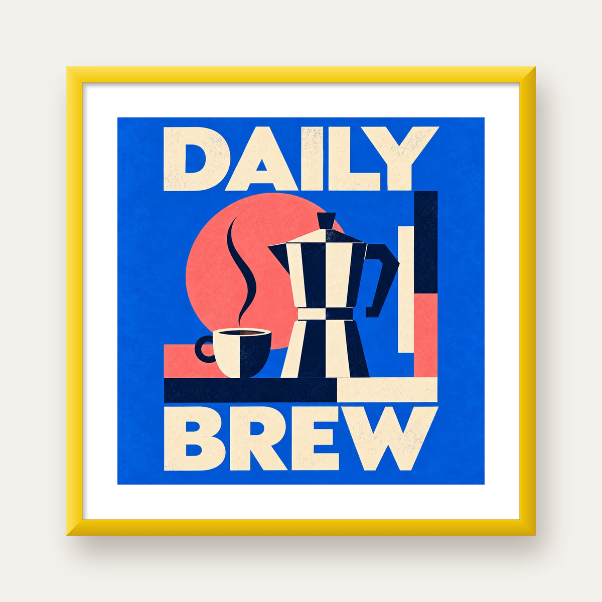 Daily Brew Poster: Retro Geometrik Kahve Makinesi İllüstrasyonu — sarı çerçeveli paspartulu