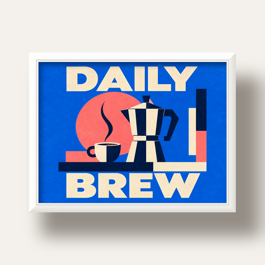 Daily Brew Poster: Retro Geometrik Kahve Makinesi İllüstrasyonu — beyaz derin çerçeveli