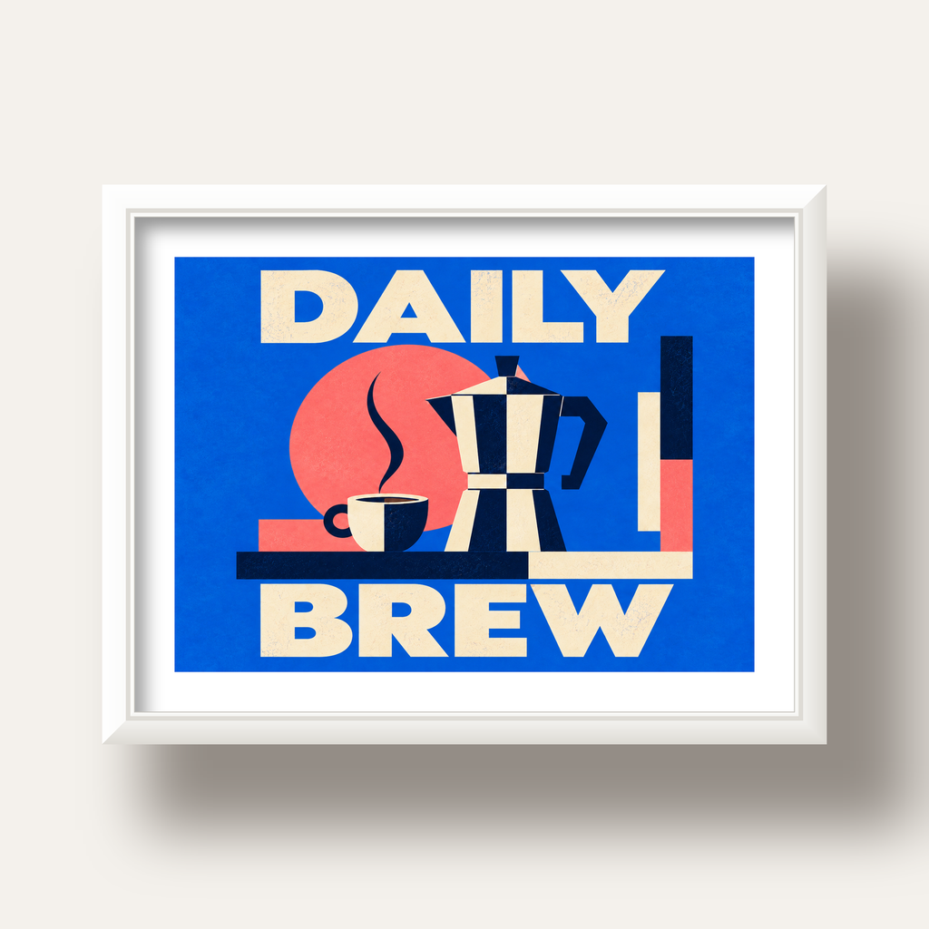 Daily Brew Poster: Retro Geometrik Kahve Makinesi İllüstrasyonu — beyaz derin çerçeveli paspartulu