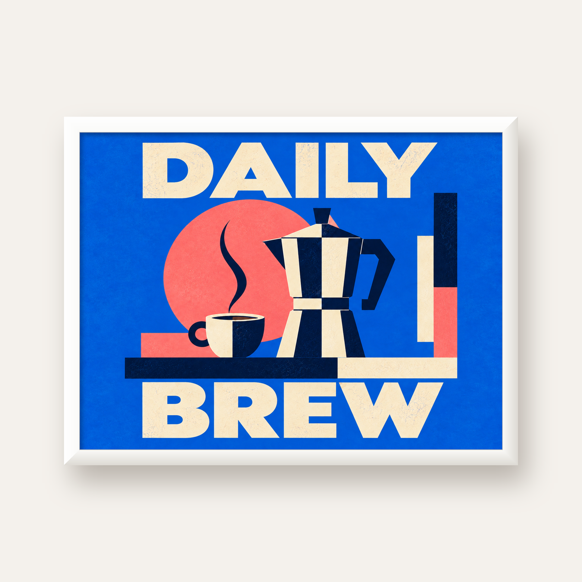 Daily Brew Poster: Retro Geometrik Kahve Makinesi İllüstrasyonu — beyaz çerçeveli yatay poster