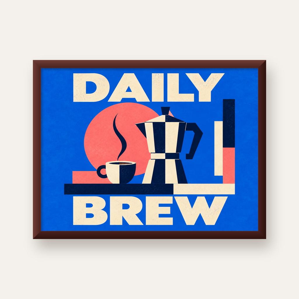Daily Brew Poster: Retro Geometrik Kahve Makinesi İllüstrasyonu — ceviz çerçeveli