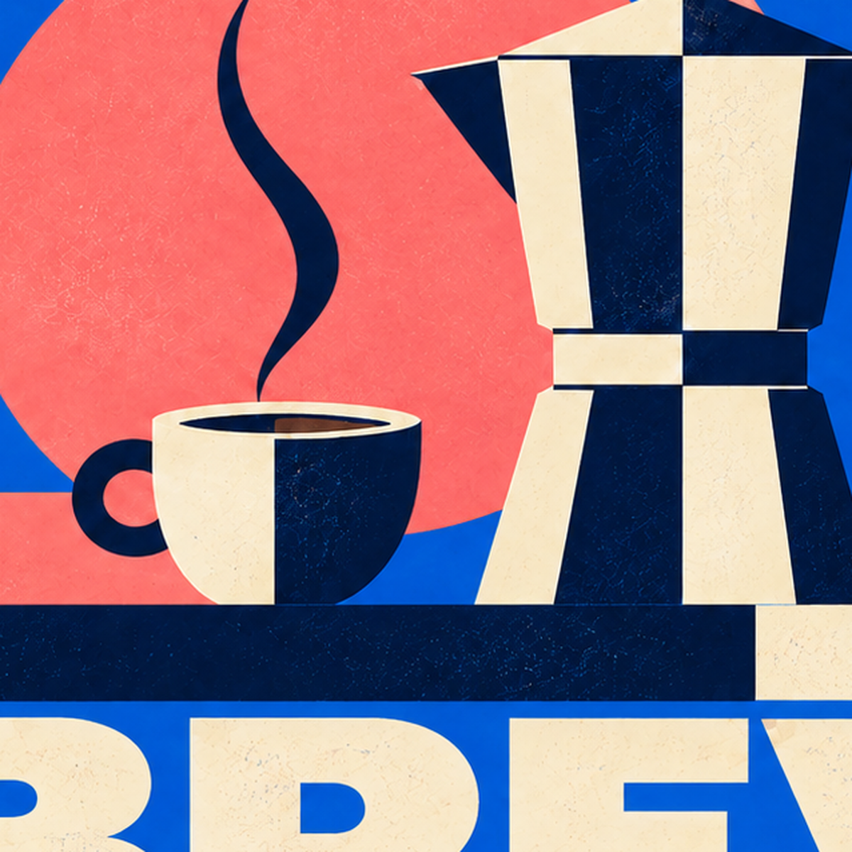 Daily Brew Poster: Retro Geometrik Kahve Makinesi İllüstrasyonu — baskının yakın çekimi, kâğıt dokusu ve renk detayı