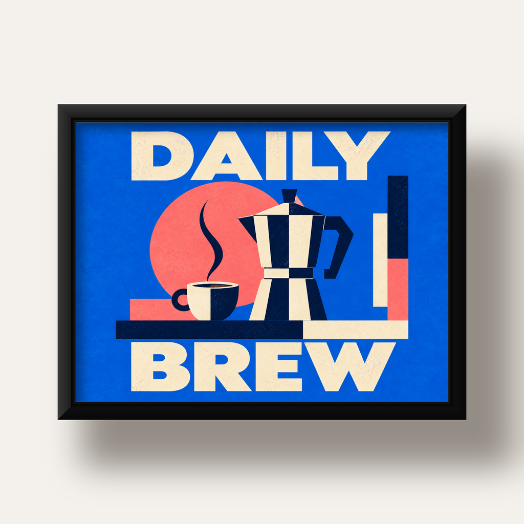 Daily Brew Poster: Retro Geometrik Kahve Makinesi İllüstrasyonu — siyah derin çerçeveli