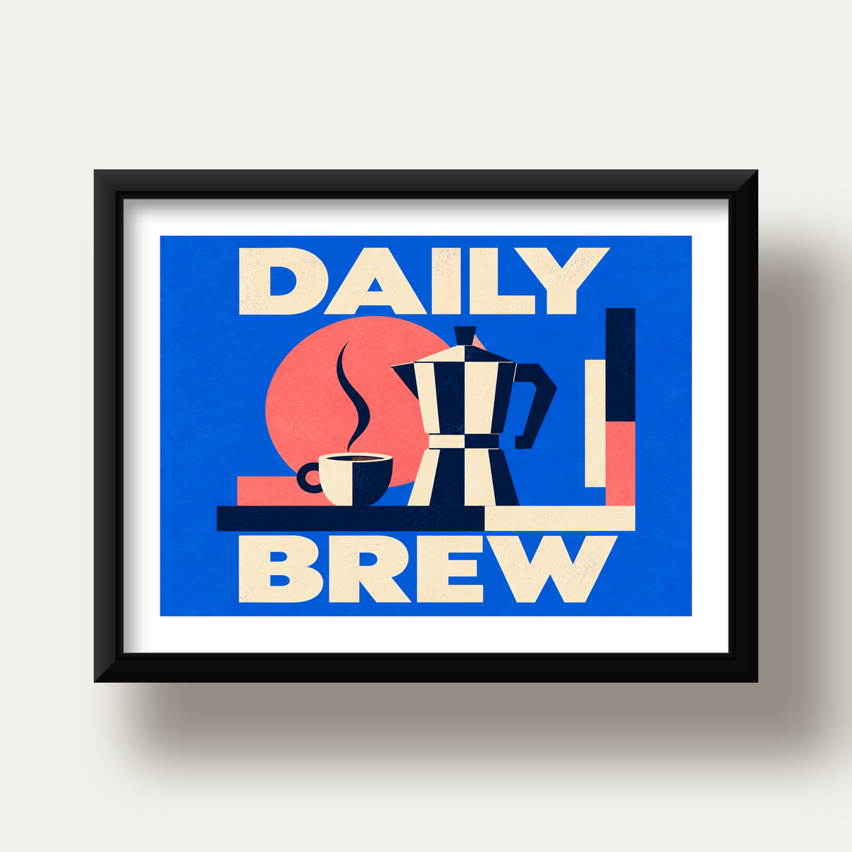 Daily Brew Poster: Retro Geometrik Kahve Makinesi İllüstrasyonu — siyah derin çerçeveli paspartulu