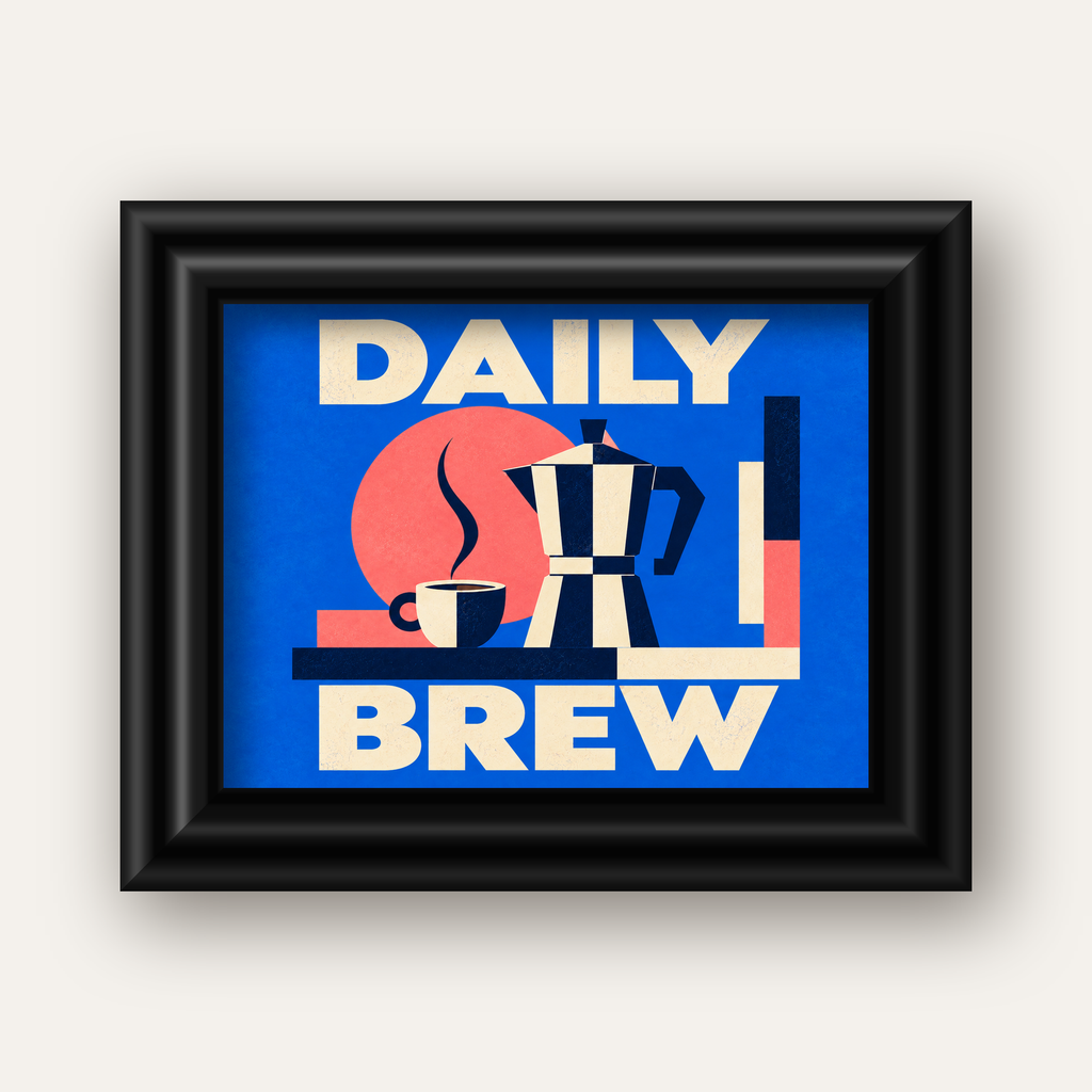 Daily Brew Poster: Retro Geometrik Kahve Makinesi İllüstrasyonu — siyah galeri çerçeveli
