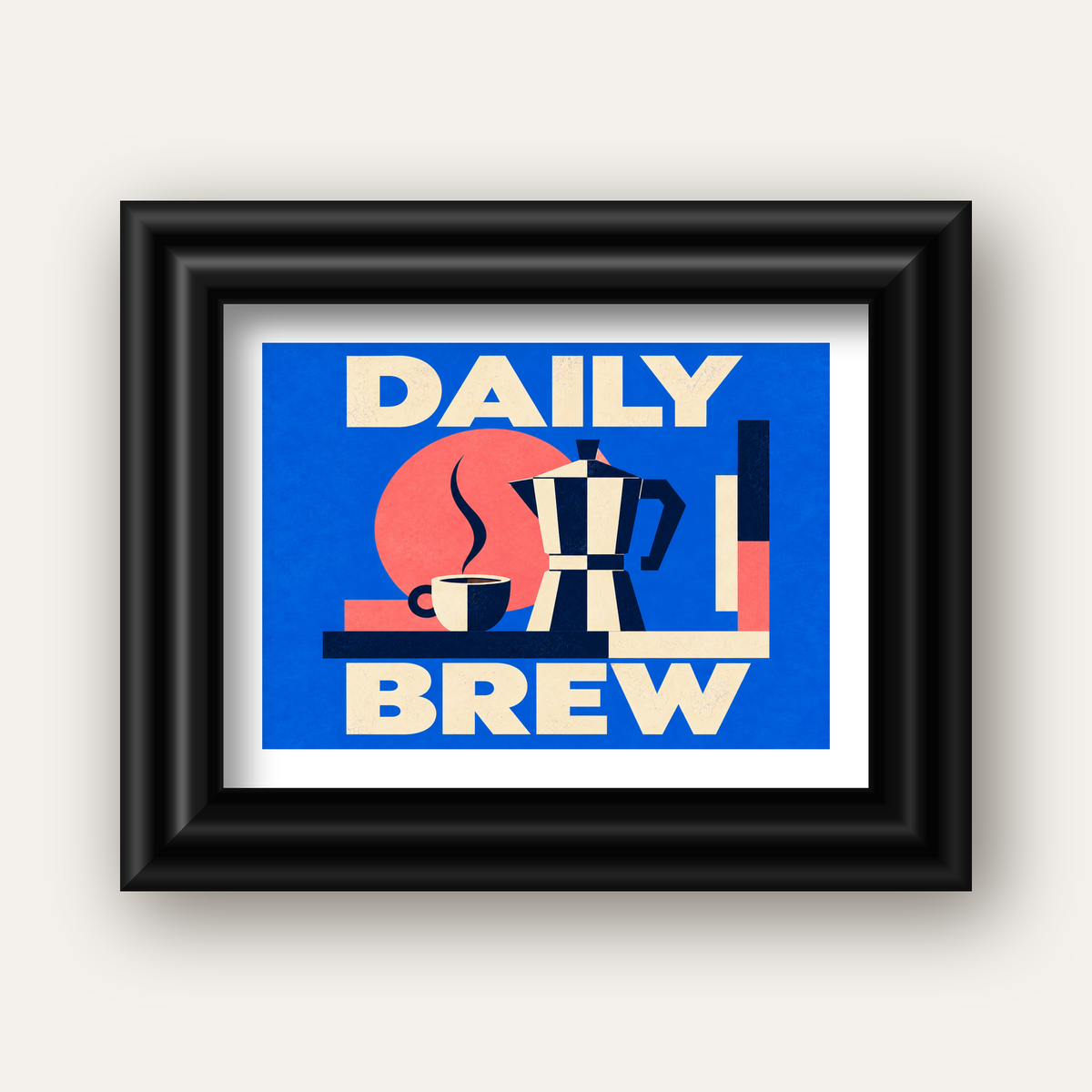 Daily Brew Poster: Retro Geometrik Kahve Makinesi İllüstrasyonu — siyah galeri çerçeveli paspartulu