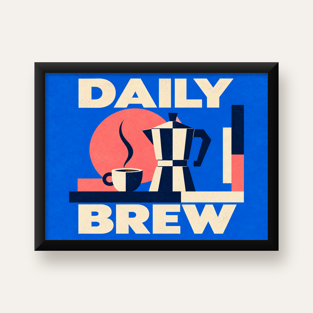 Daily Brew Poster: Retro Geometrik Kahve Makinesi İllüstrasyonu — Yatay baskı, düz siyah çerçeveli duvar posteri