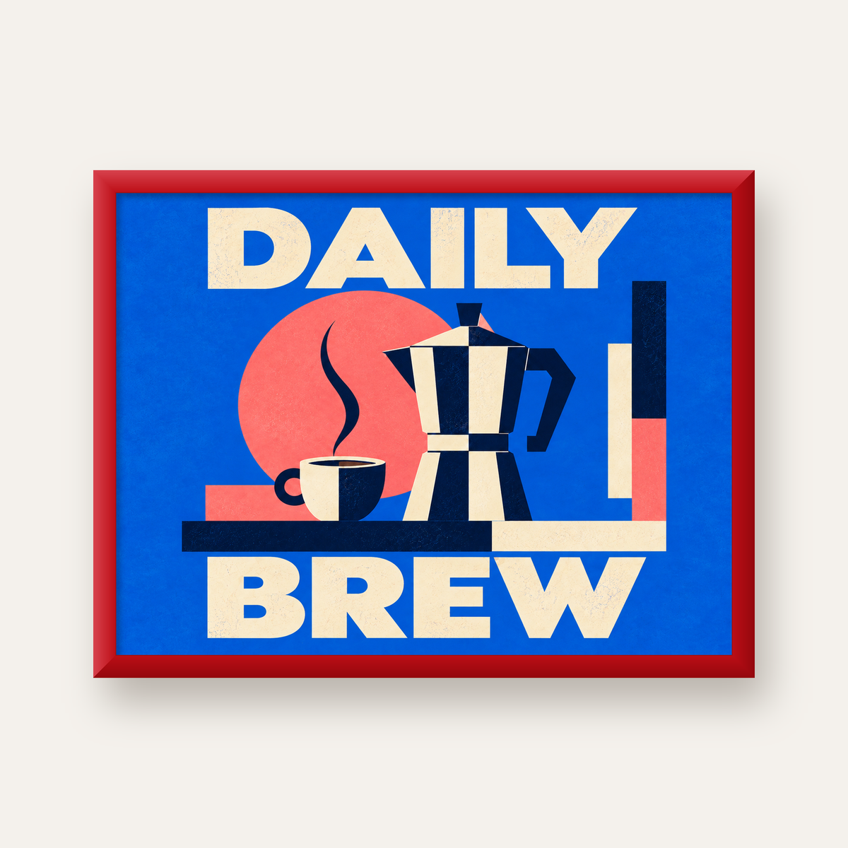 Daily Brew Poster: Retro Geometrik Kahve Makinesi İllüstrasyonu — kırmızı çerçeveli