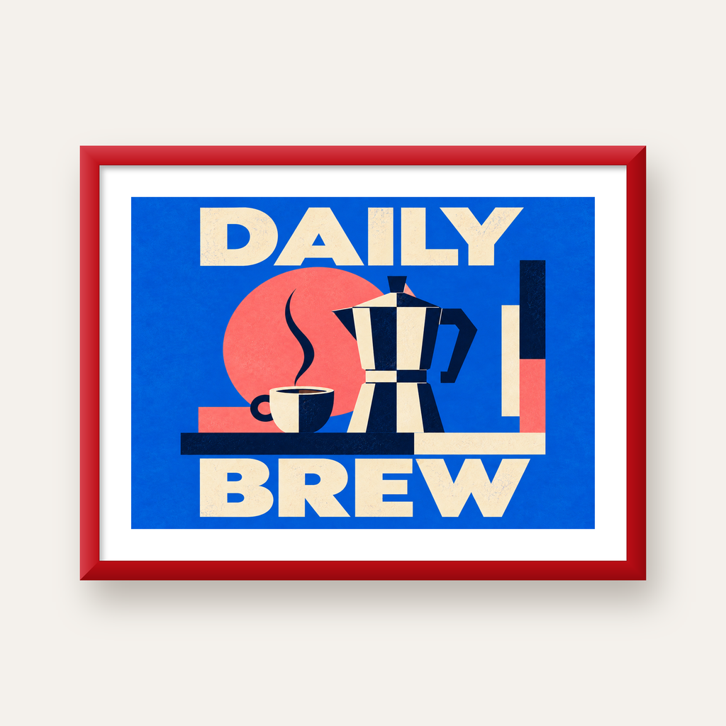 Daily Brew Poster: Retro Geometrik Kahve Makinesi İllüstrasyonu — kırmızı çerçeveli paspartulu