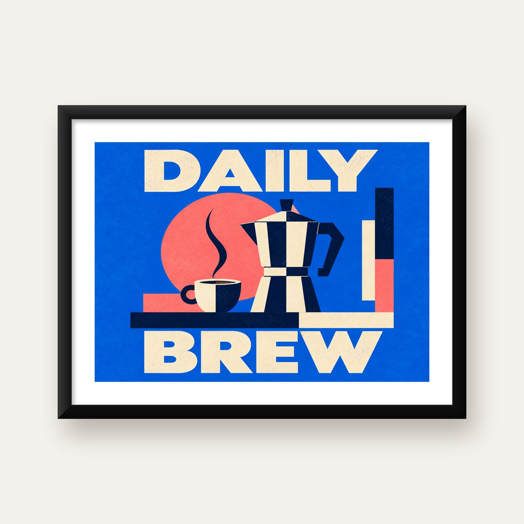 Daily Brew Poster: Retro Geometrik Kahve Makinesi İllüstrasyonu — Yatay baskı, beyaz paspartulu
