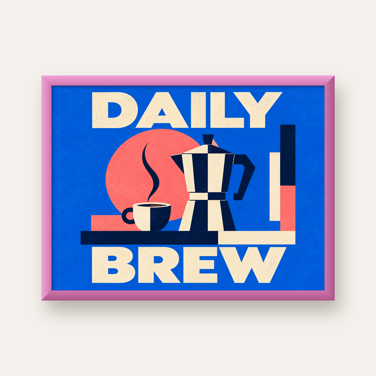 Daily Brew Poster: Retro Geometrik Kahve Makinesi İllüstrasyonu — pembe çerçeveli